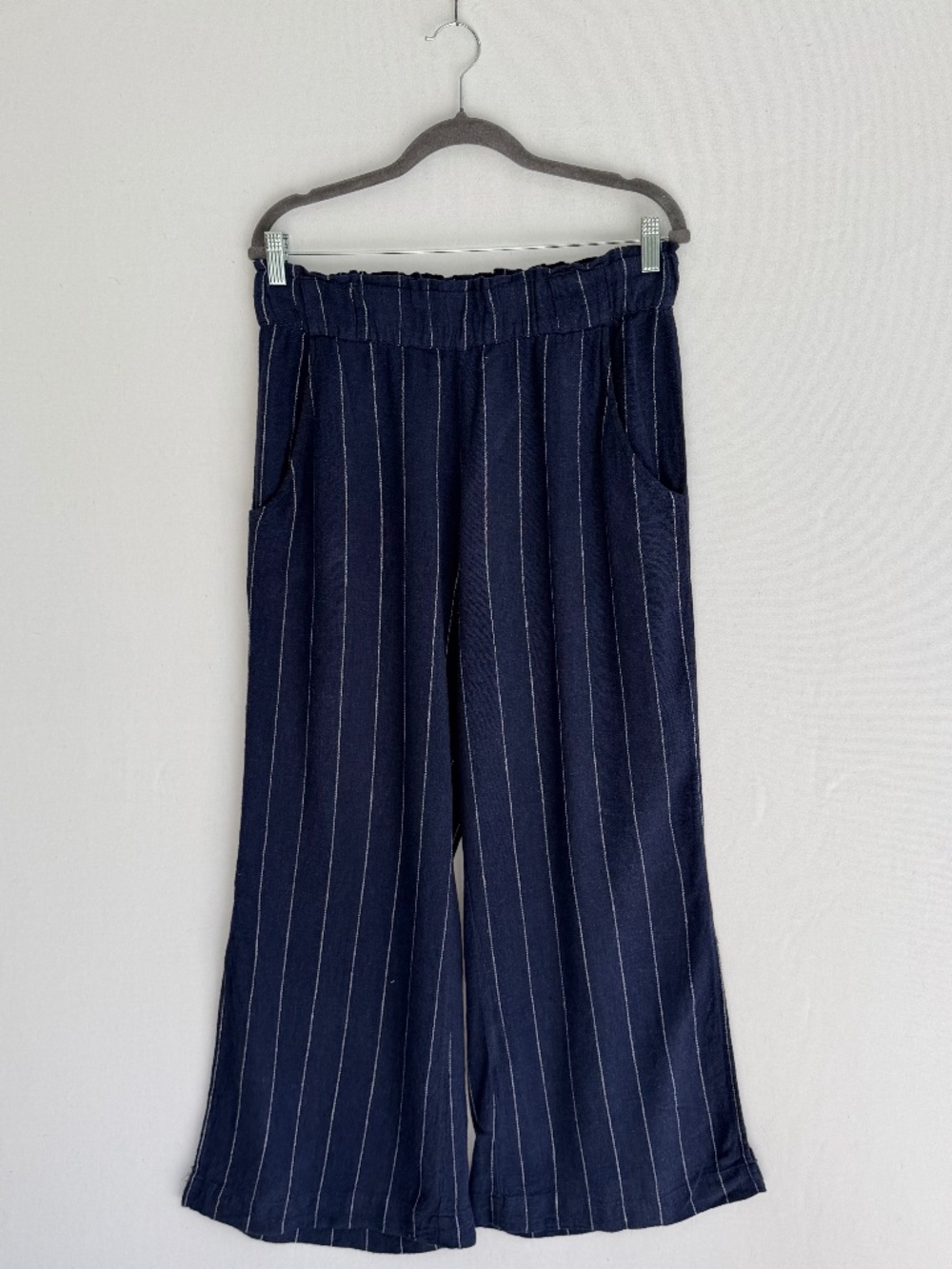 INDIGO REIN Women’s Large Linen Blend Navy Blue White Pinstripe Wide Leg Pants
